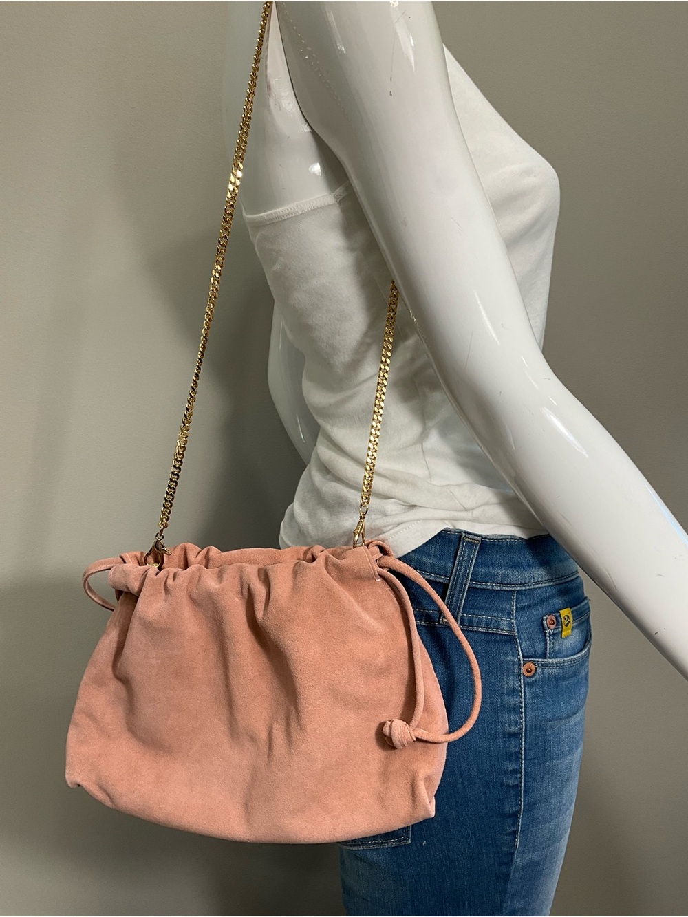 LAGGO Blush Pink Suede Drawstring Shoulder Bag Gold Chain Slouchy Hobo